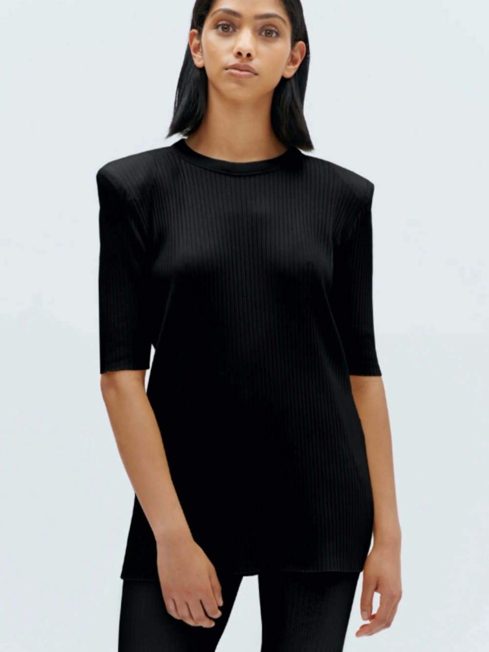 KOTN Black Ribbed Shoulder-Structured Crew Top